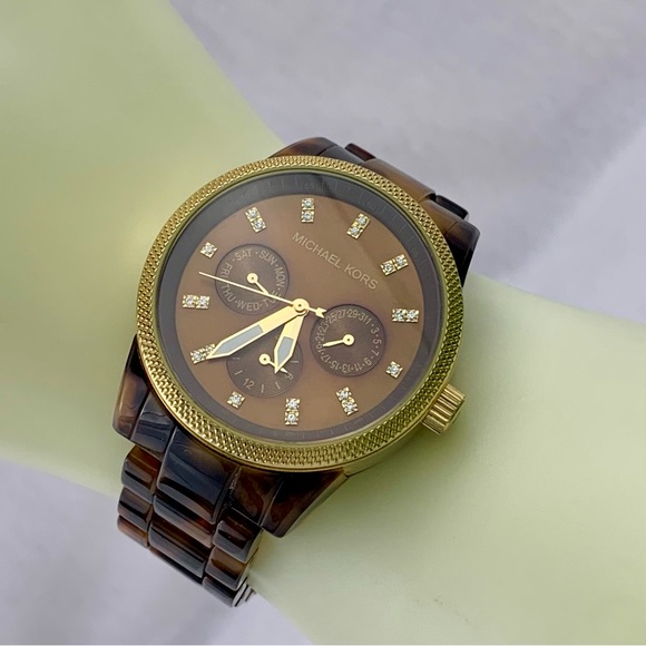 MICHAEL KORS JET SET CHRONOGRAPH GOLD PLATED CASE SWAROVSKI CRYSTALS STAINLESS - Picture 5 of 11